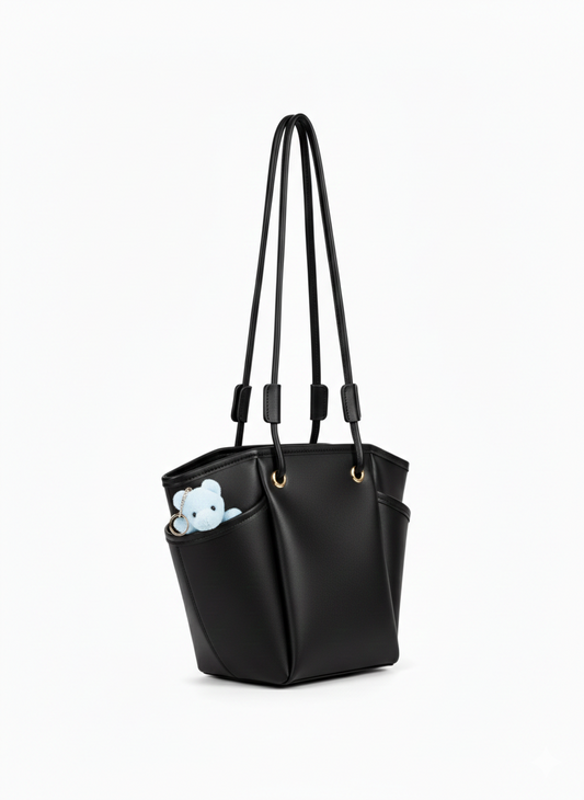 BONNİE AYICIK AKSESUARLI ORTA BOY SİYAH OMUZ ÇANTASI